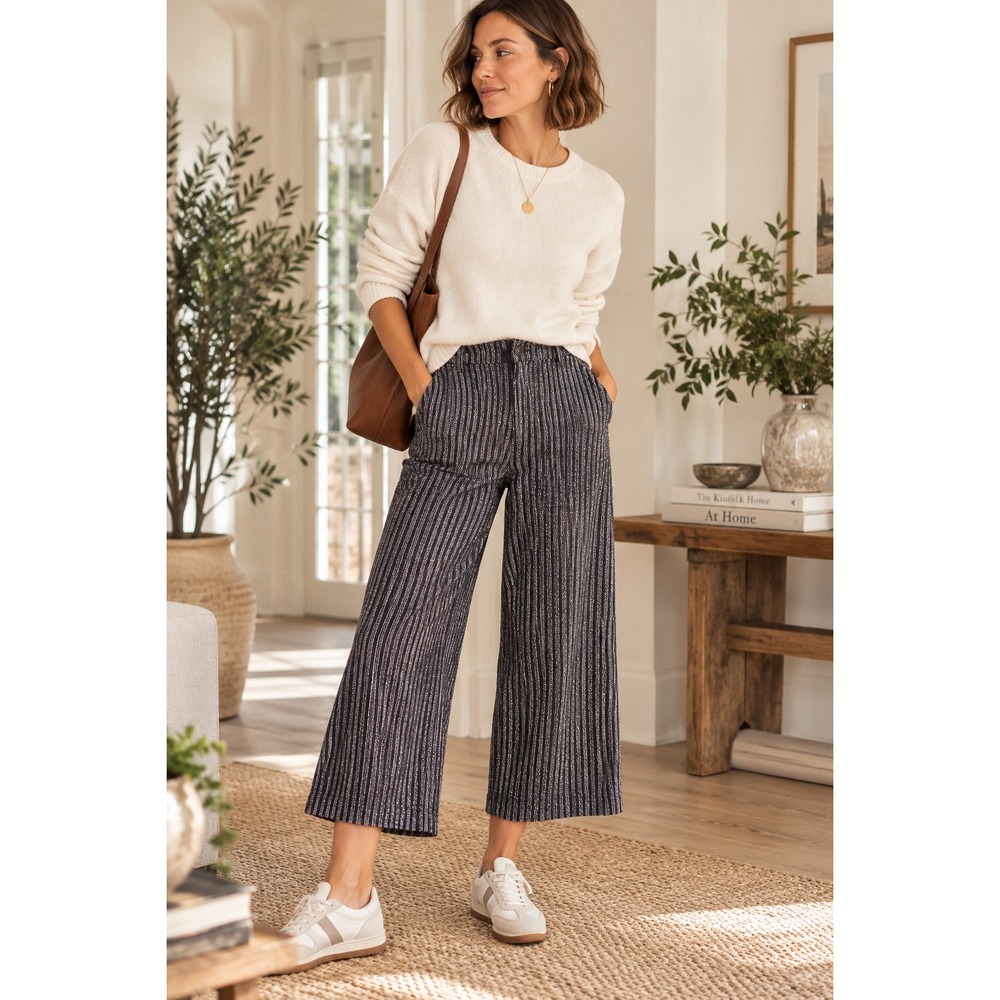Jones New York Sport Brown White Striped Cargo Pants Cropped Wide Leg Size 14